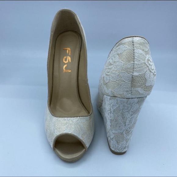 Ivory Wedding Shoes Lace Heels Peep Toe Wedge - Picture 5 of 10
